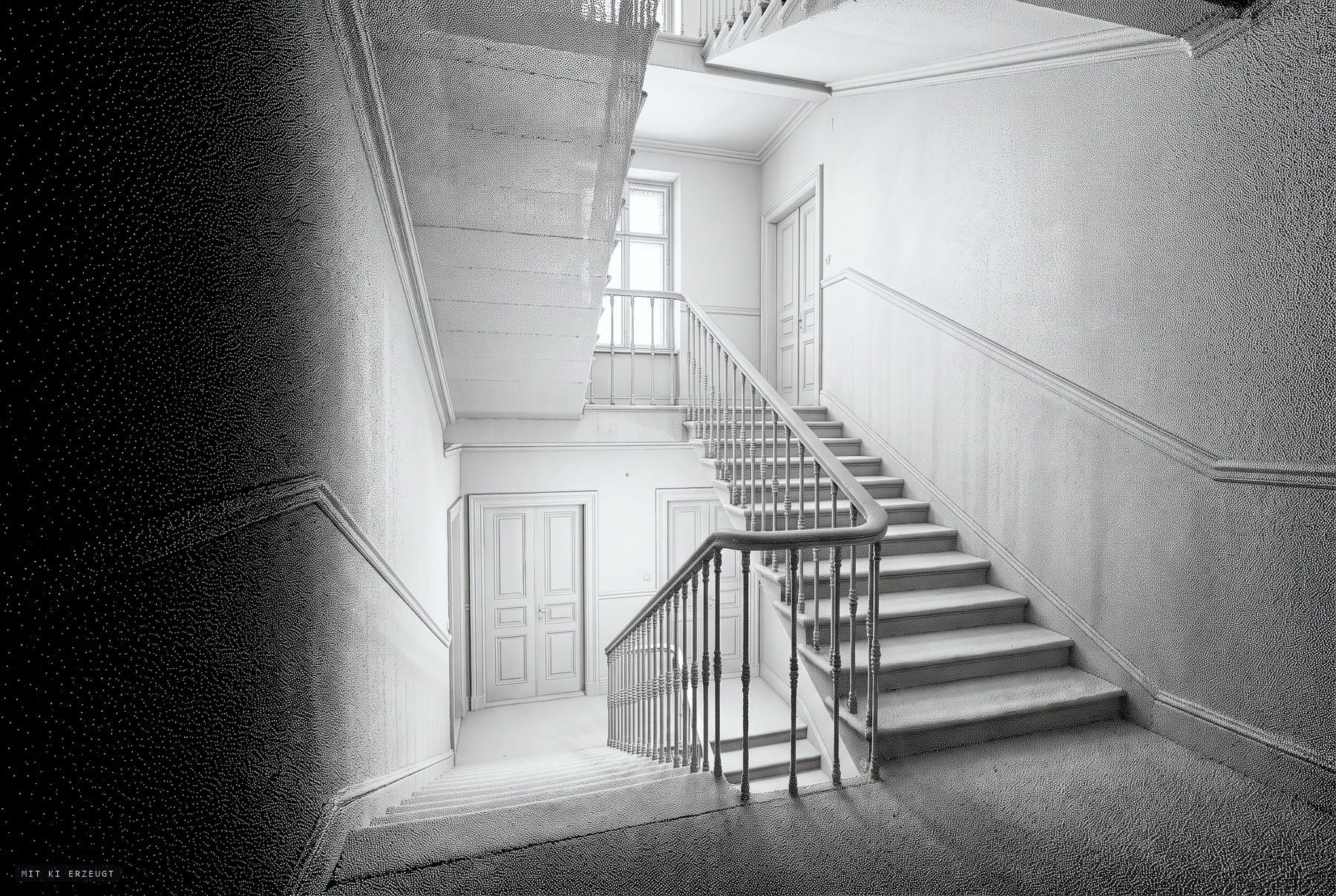 Das Treppenhaus eines Altbaus als Laserscan: Steinstufen, ein gedrechseltes Geländer auf gusseisernen Staeben, Kassettentüren am Podest, ein Fenster im Zwischengeschoss. Alles ist aus einzelnen Messpunkten aufgebaut.